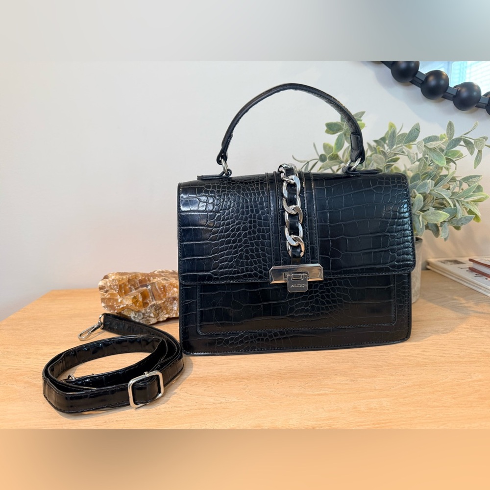 ALDO Black Croc Embossed Vegan Leather Top Handle Crossbody Silver Chain - Picture 2 of 8